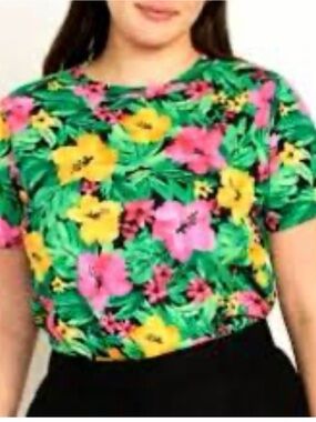 0207Old Navy Green Tropical Floral Short Sleeve Tee with Pink and Yellow Flowers